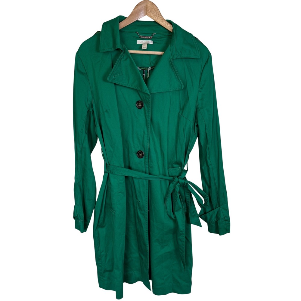 Dana Buchman Trench Coat Womens Large Green Excellent Belted Cotton Blend Jacket